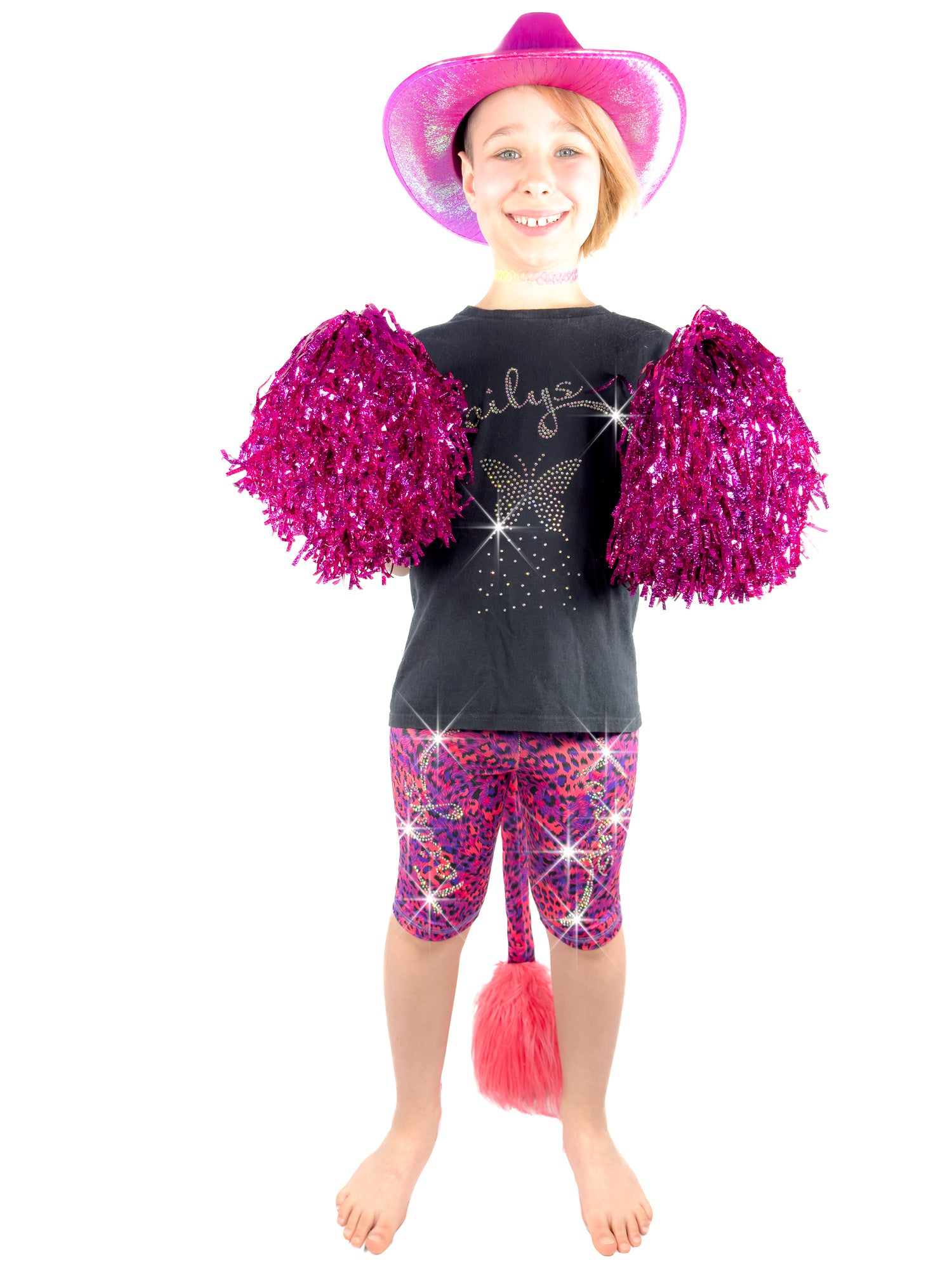 Girl with pom-poms wearing blue and red leopard shorts, leggings with sparkly rhinestones and a tail.