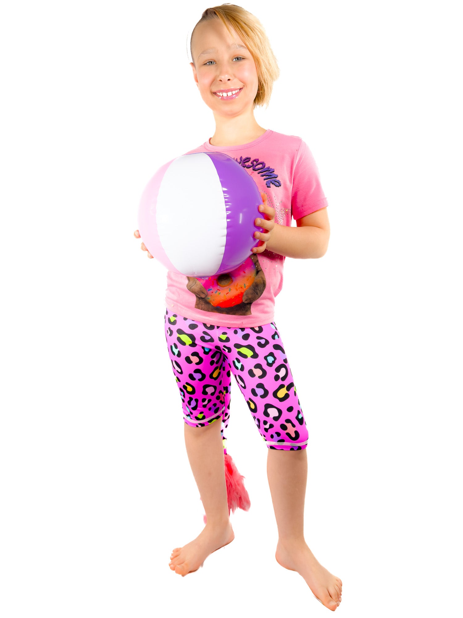 Full view of Tailys cute shorts for girls leopard print pink leggings tail pants.
