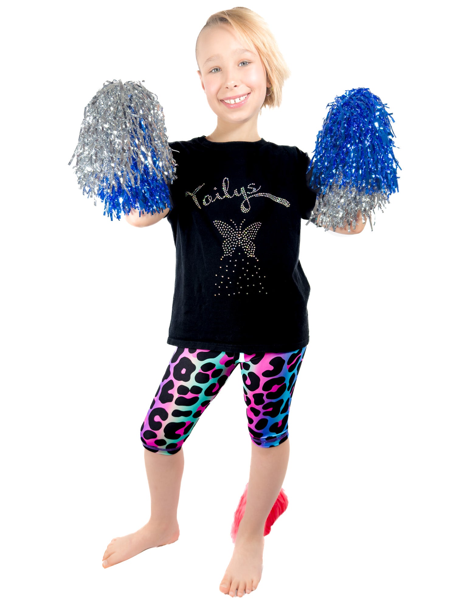 Girl with pom-pom wearing Tailys cute shorts for girls rainbow leopard leggings tail pants.