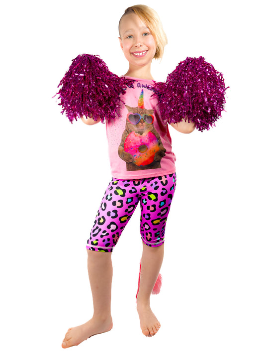 Girl with pom-pom wearing Tailys cute shorts for girls leopard print pink leggings tail pants.