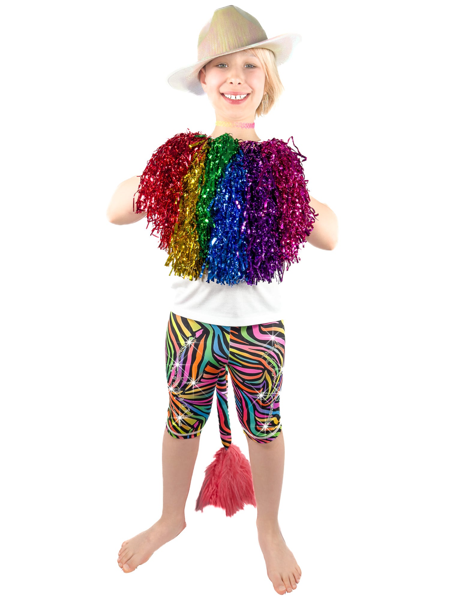 Girl with pom-poms wearing rhinestone Tailys kids shorts for girls rainbow zebra leggings tail pants.