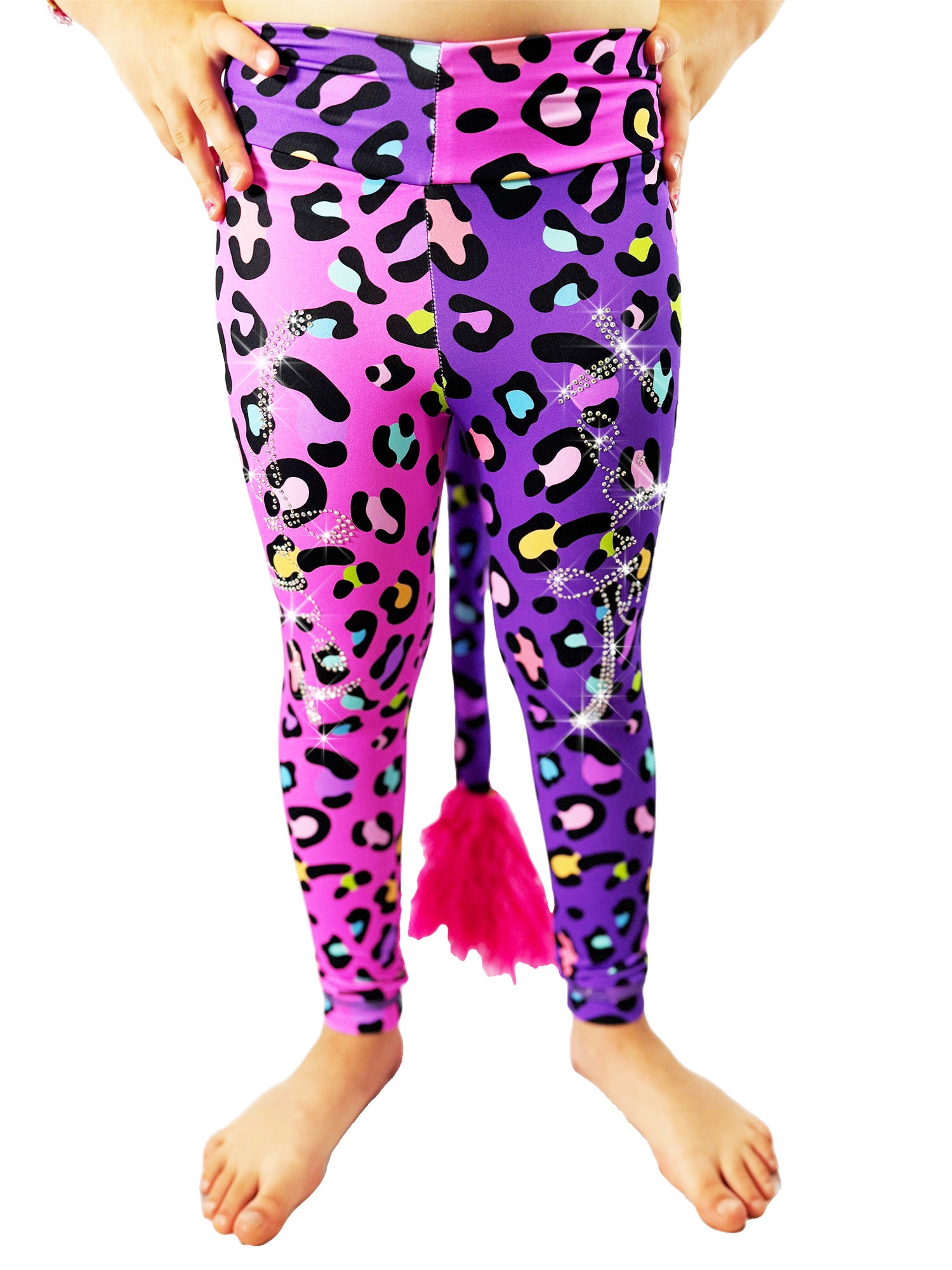 Front view of Tailys two tone leggings girls tail pants, pink and purple Cheetah print fabric with rhinestones.