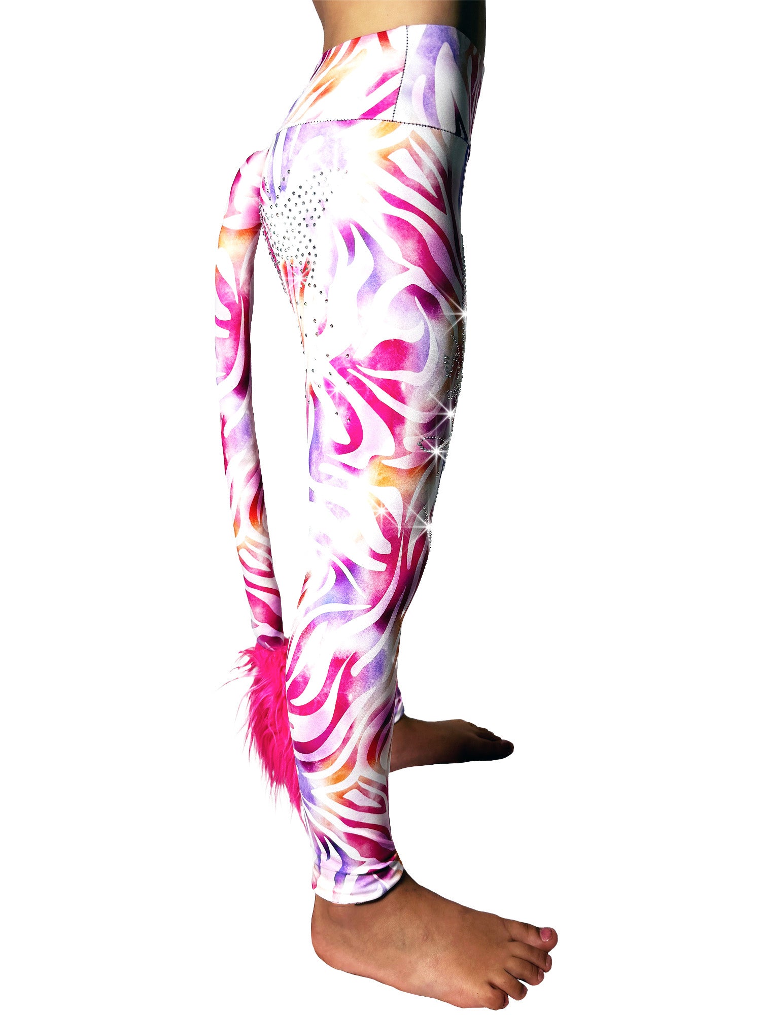 Side view of Pastel Zebra Leggings Rhinestones with Tail by Tailys