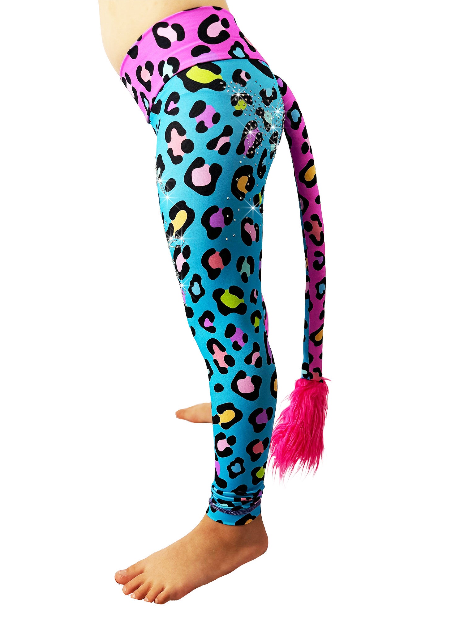 side view of two Tone Pants Girls with Tail Pink and Blue Cheetah leggings, with rhinestones