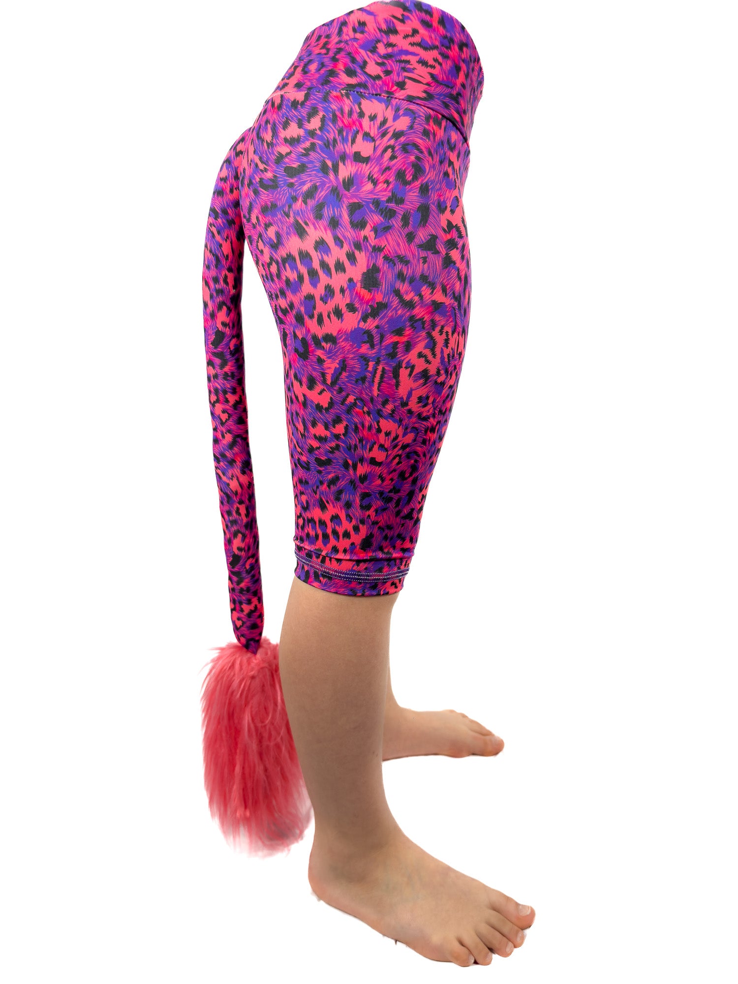 Side view of Tailys, girls shorts, blue red leopard print leggings tail pants.