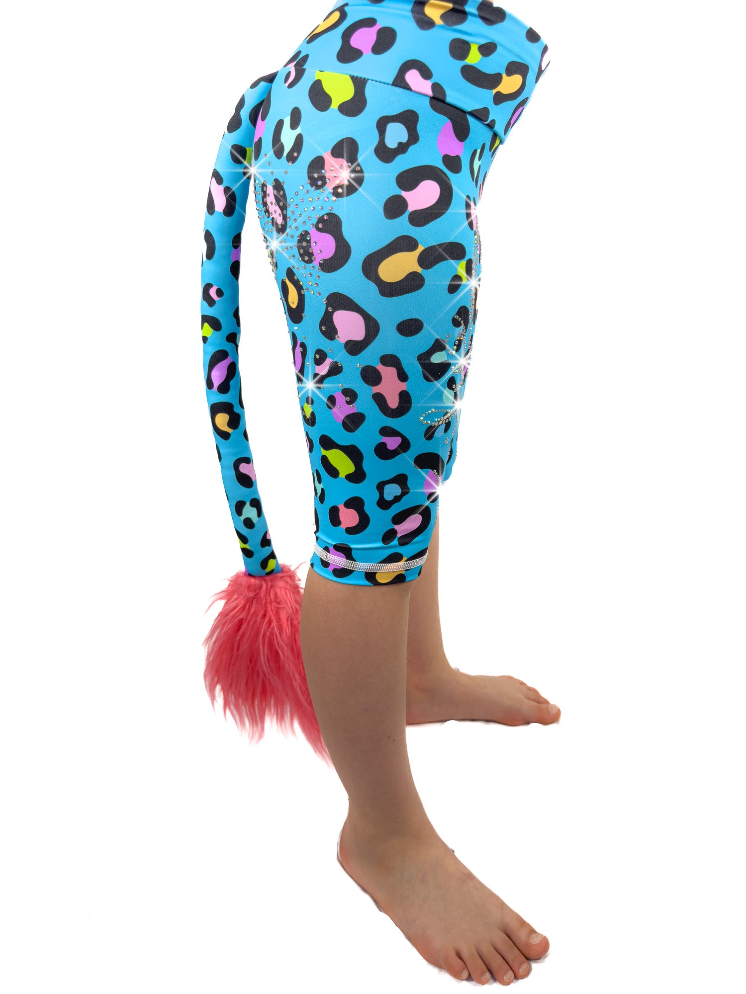 Side view of Tailys rhinestone shorts for girls blue leopard print leggings tail pants.