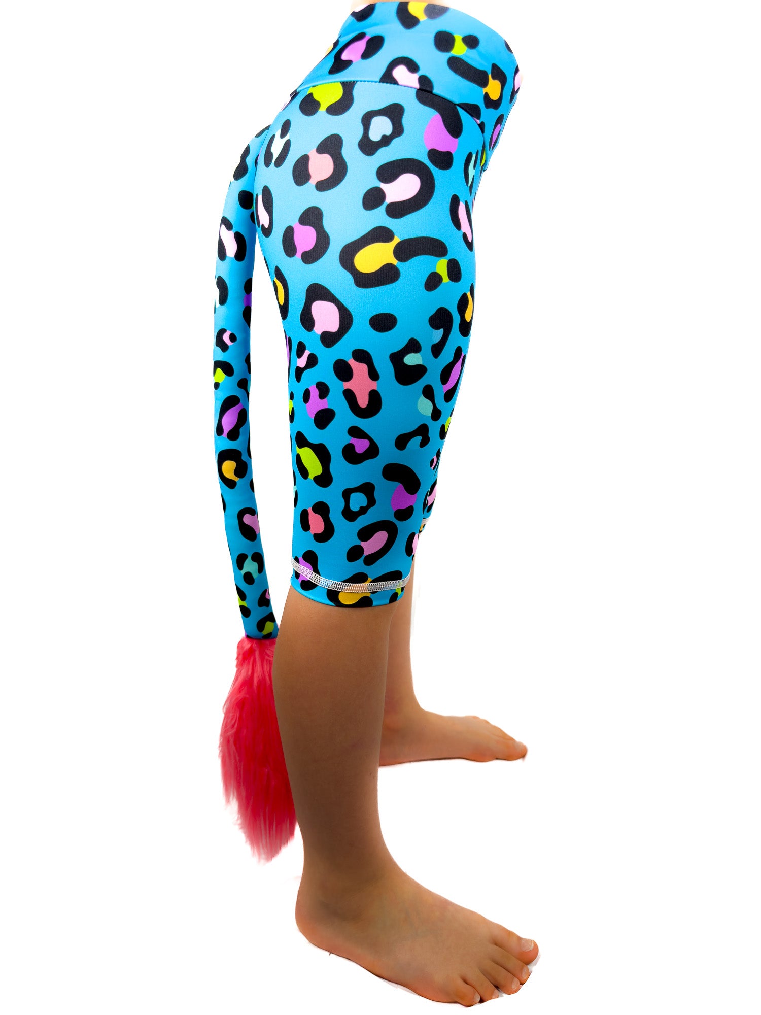 Side view of Tailys shorts for girls blue leopard print leggings tail pants.