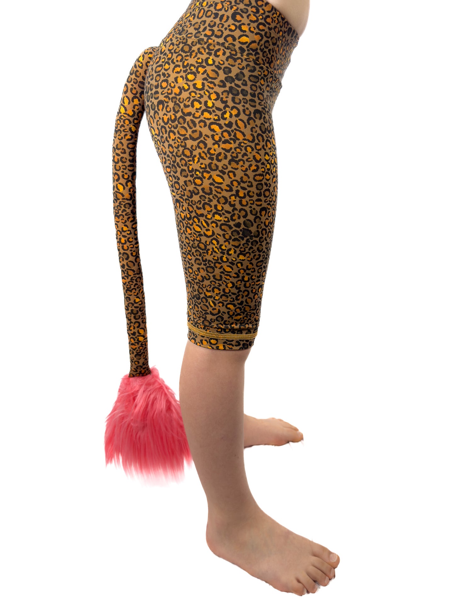 Side view of Tailys shorts for girls, brown cheetah print leggings tail pants.