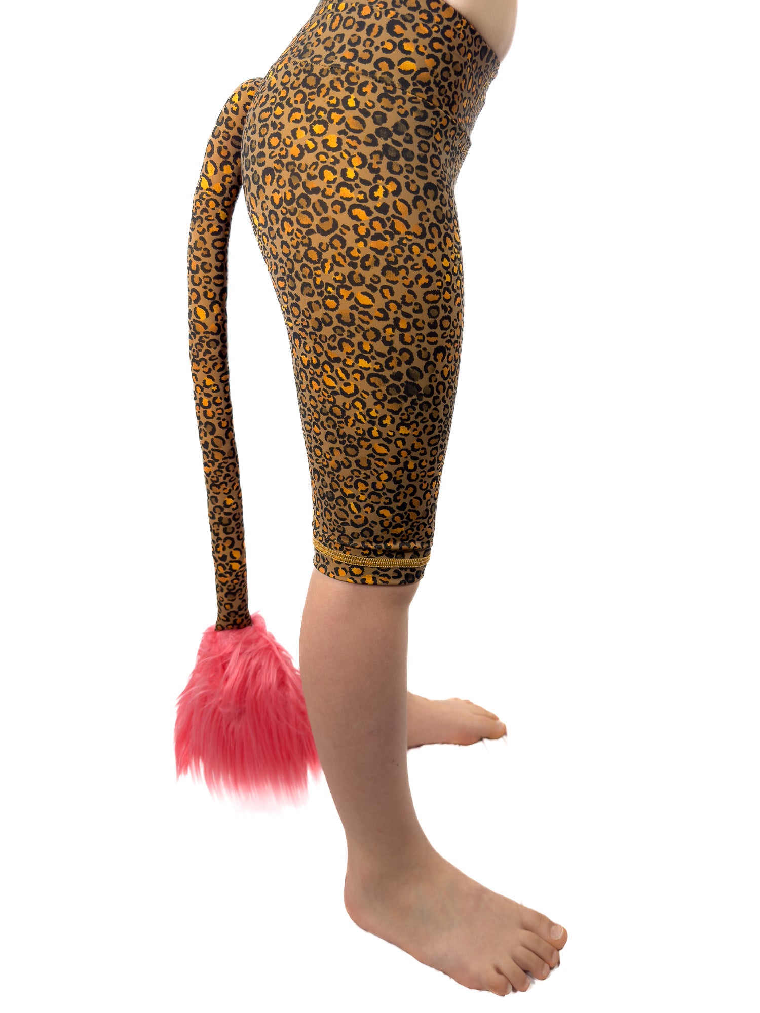 Side view of Tailys shorts for girls, brown cheetah print leggings tail pants.