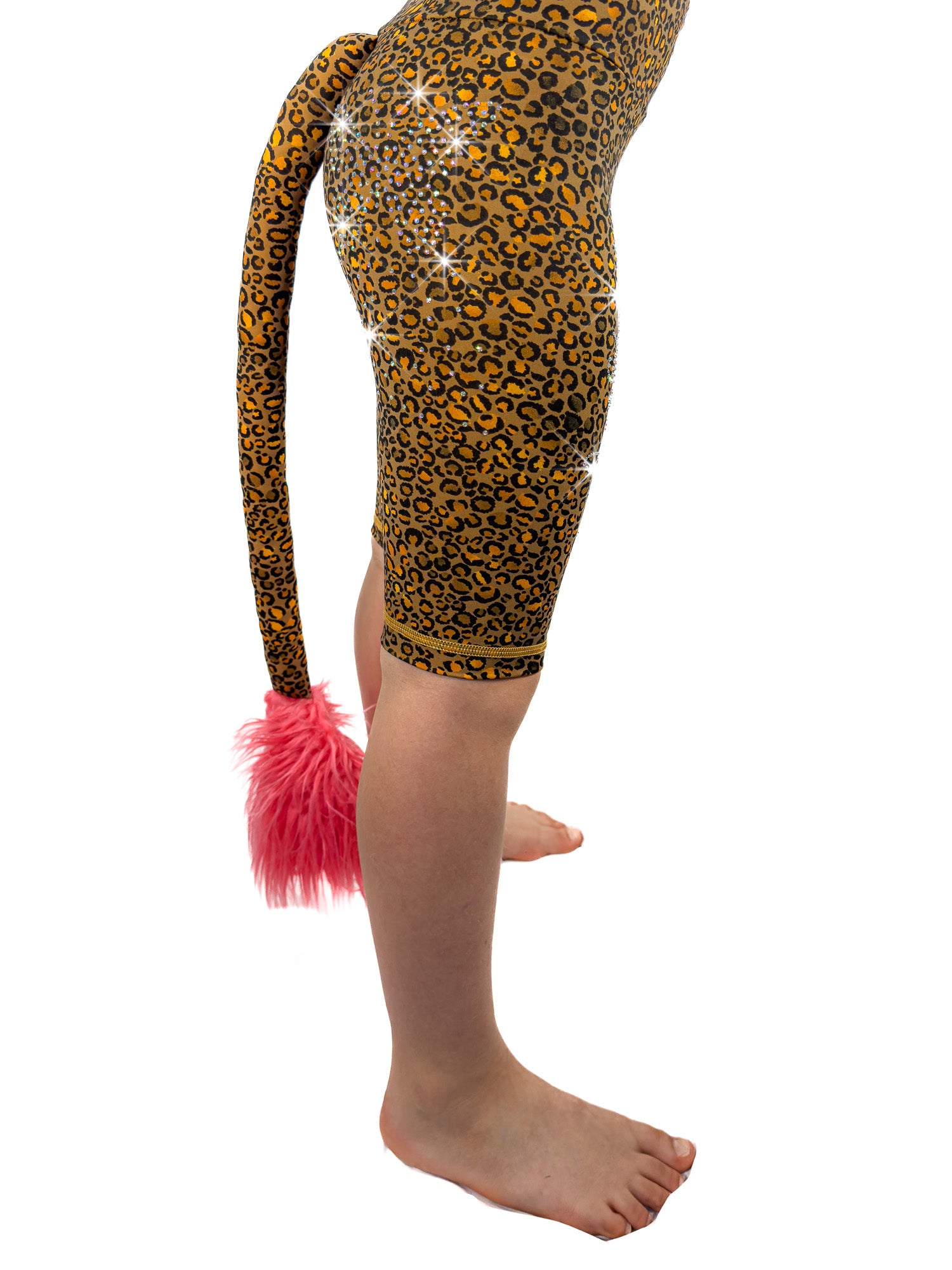 Side view of Tailys sparkly rhinestone shorts for girls, brown cheetah print leggings tail pants.
