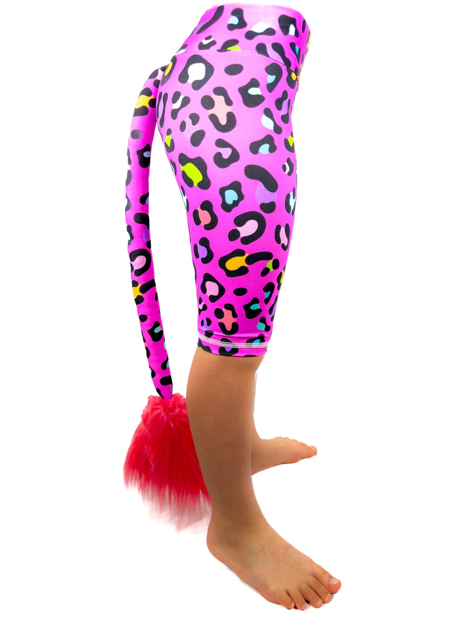 Side view of Tailys cute shorts for girls leopard print pink leggings tail pants.