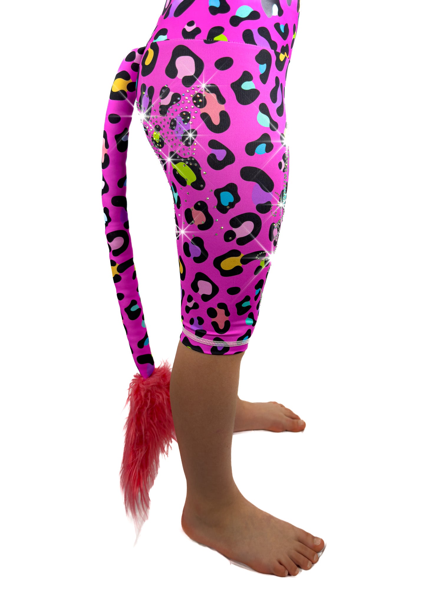 Side view of Tailys sparkly rhinestone shorts for girls leopard print pink leggings tail pants.