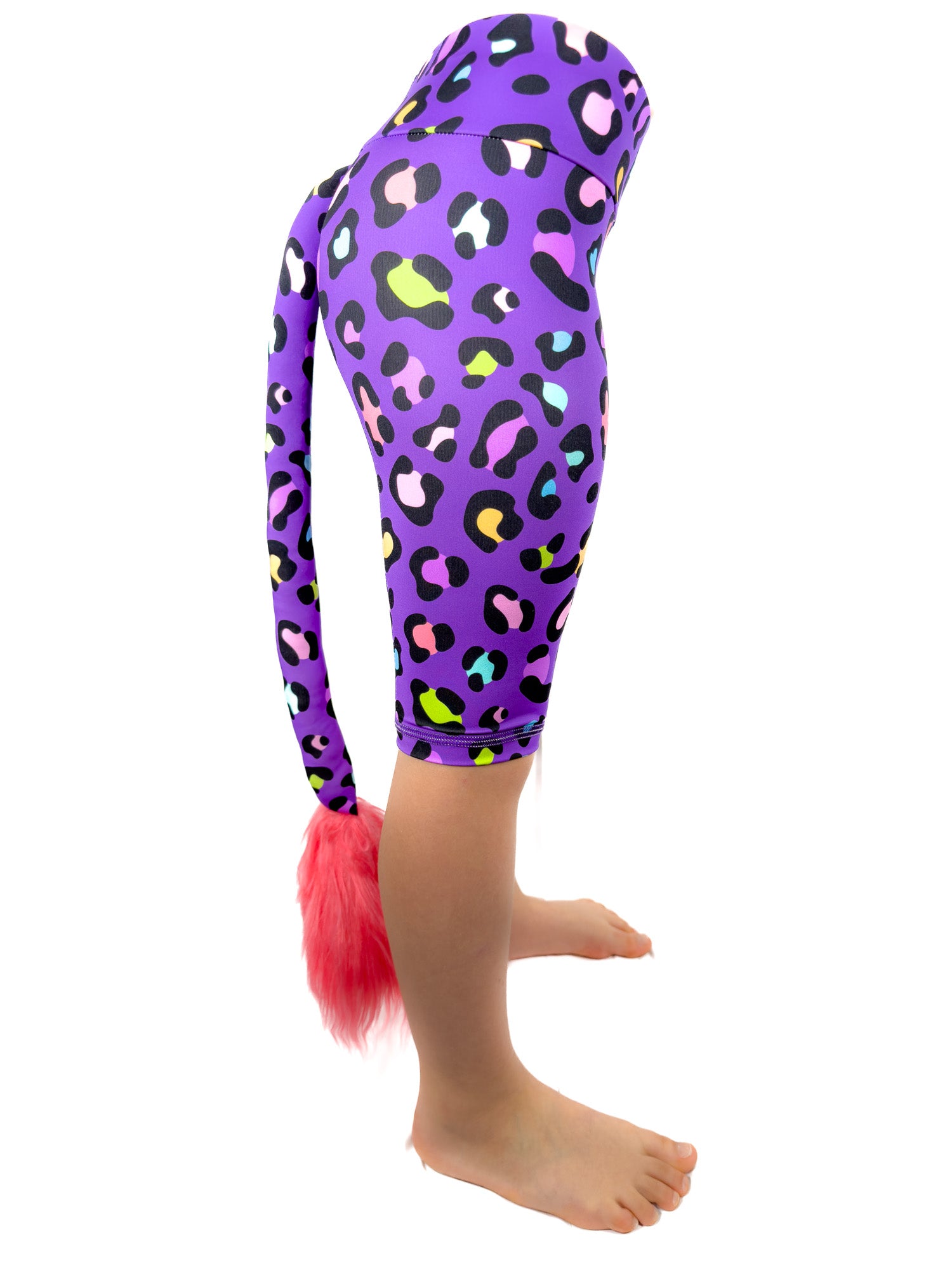Side view of Tailys cute shorts for girls purple leopard print leggings tail pants.