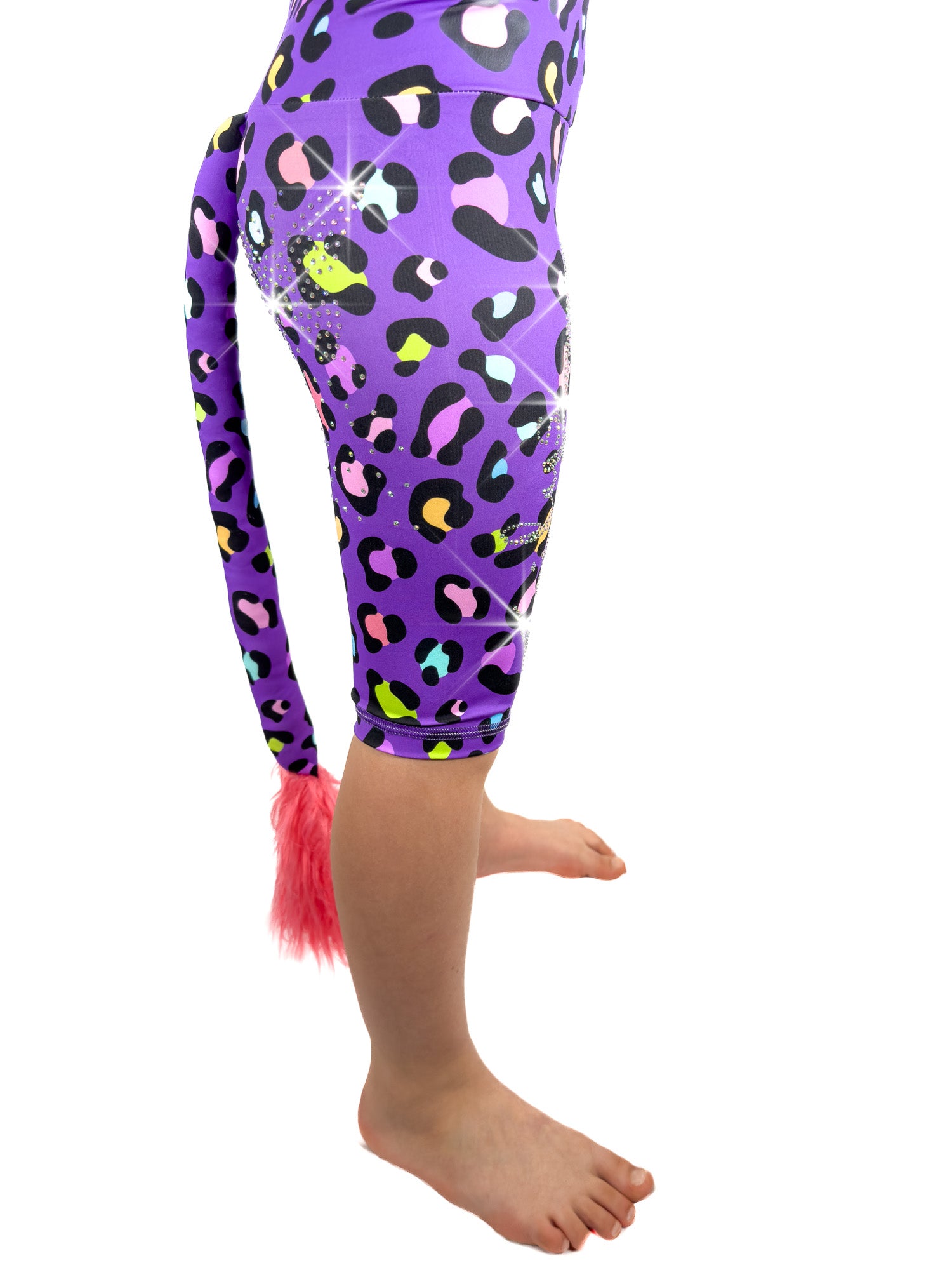 Side view of Tailys sparkly rhinestone shorts for girls purple leopard print leggings tail pants.