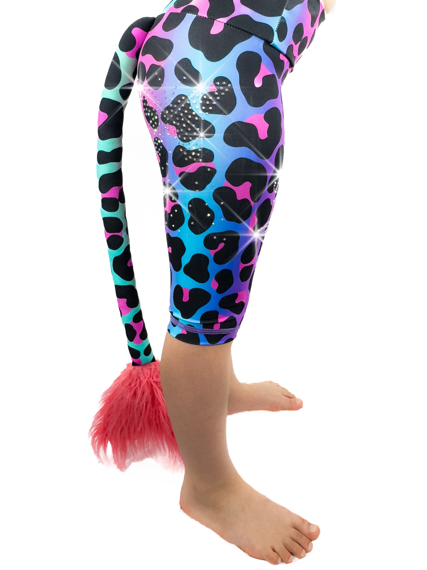Side view of Tailys sparkly rhinestone shorts for girls rainbow leopard leggings tail pants.