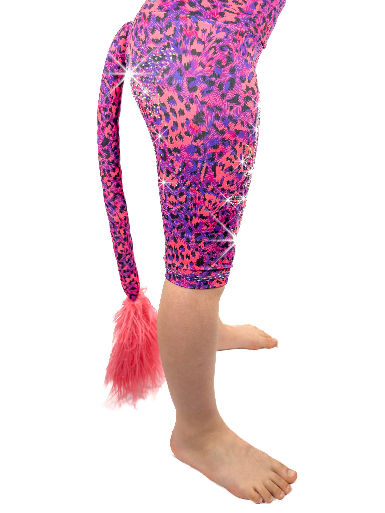 Side view of  blue and red leopard shorts, leggings with sparkly rhinestones and a tail.