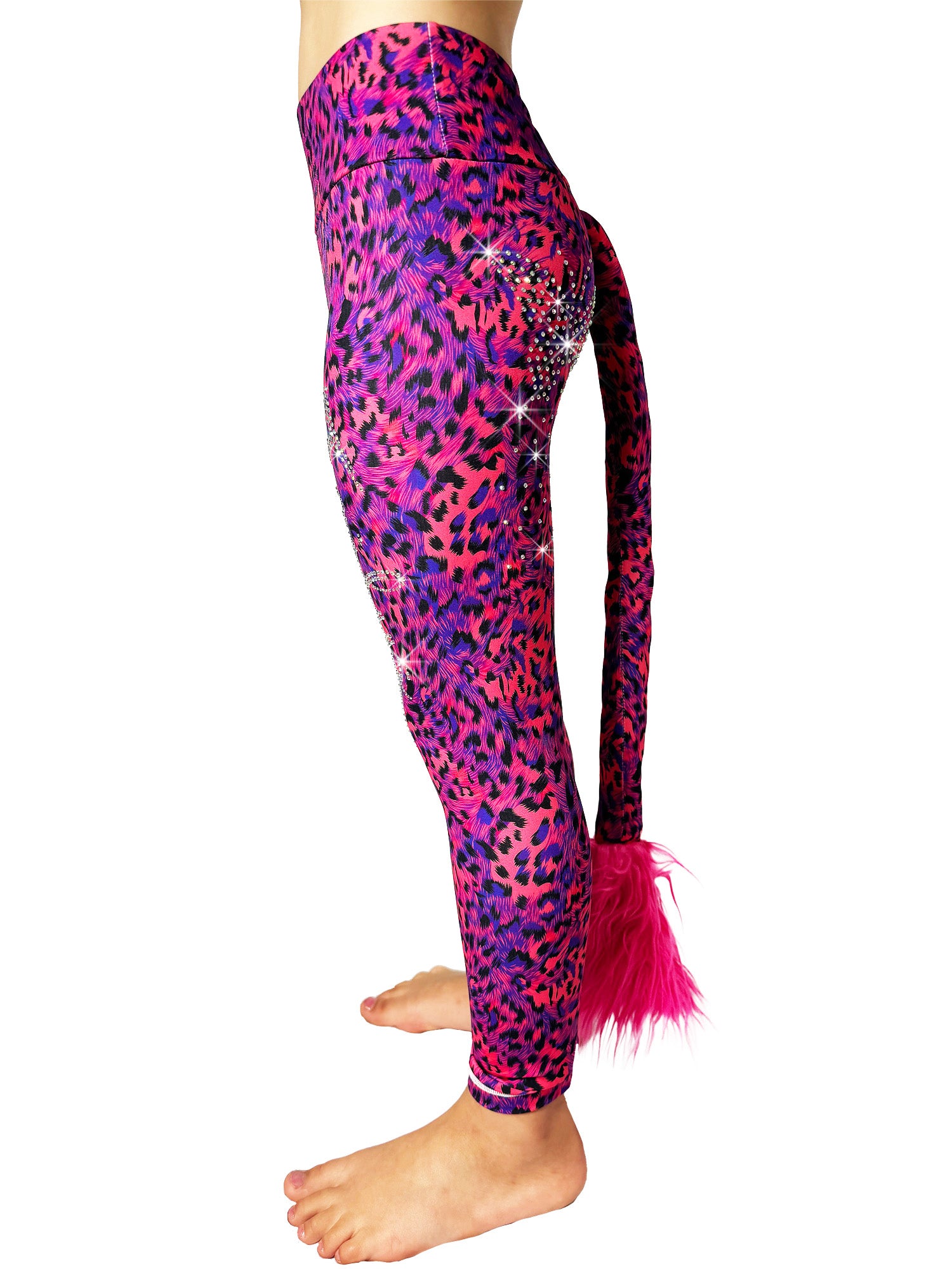 Side view of Blue and Red Leggings Leopard Print Tail Pants rhinestones by Tailys