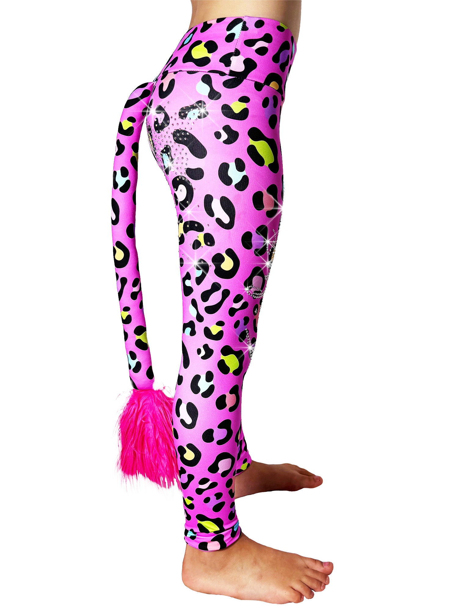 Side view of Pink Leopard Leggings Rhinestones Tail Pants for Girls by Tailys.