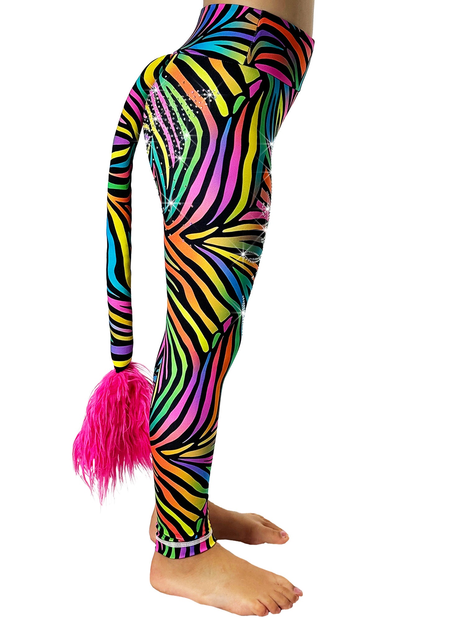 Side view of Rainbow Zebra Leggings Rhinestone tail pants by Tailys.