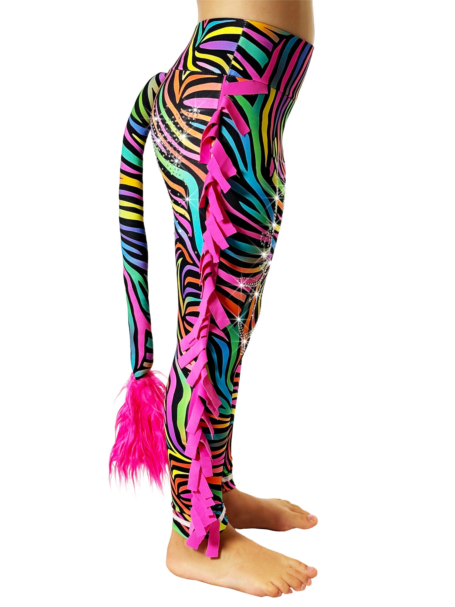 Front view of Rainbow Zebra Print Leggings Tail Pants with Ruffles by Tailys.