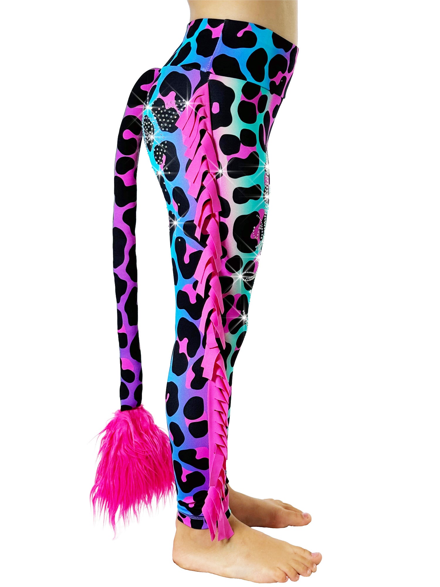 Side view of Rainbow Leopard print Leggings Tail Pants with Frills by Tailys.