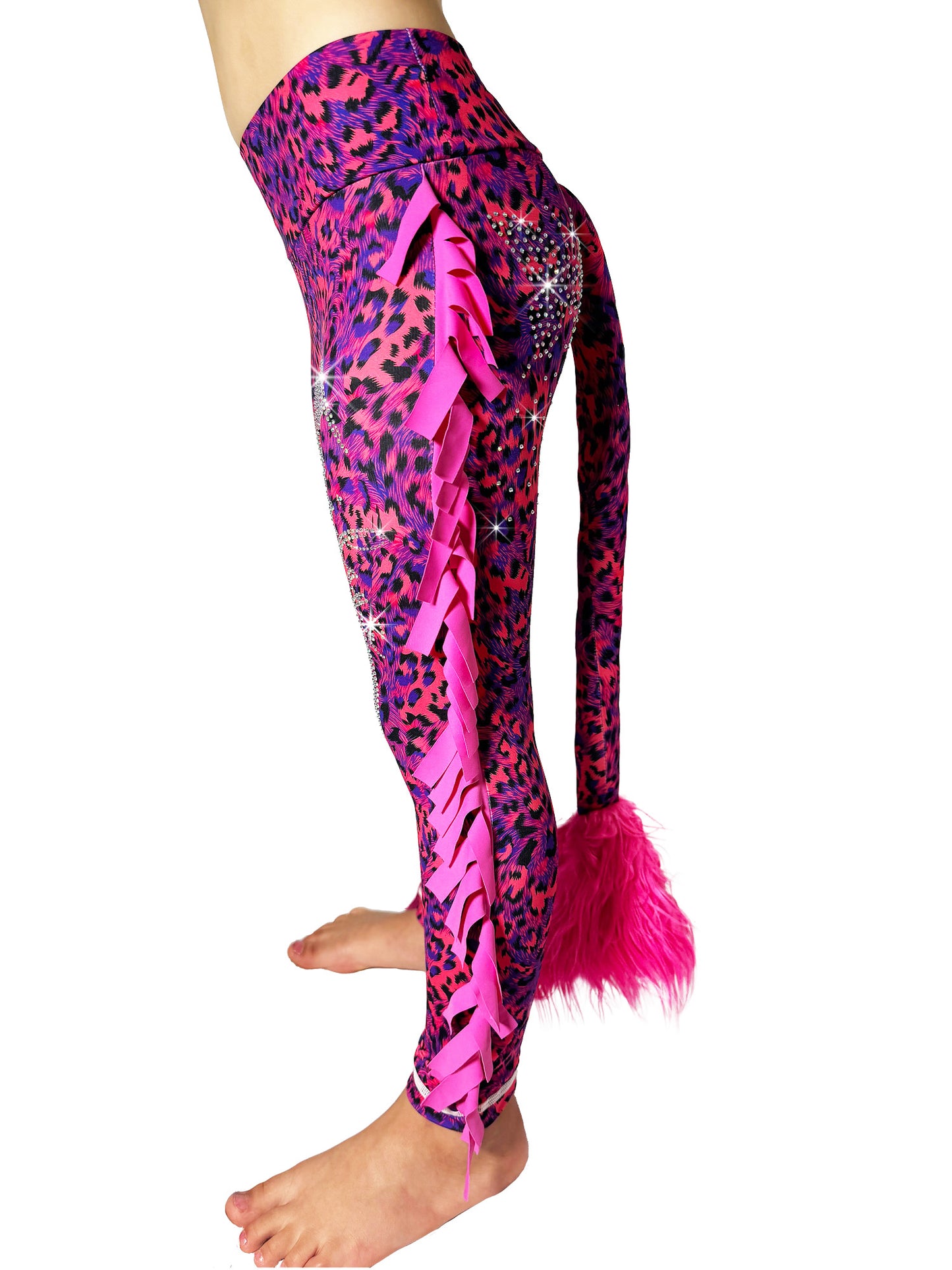 Side view of Red and Blue Leggings Leopard Print Tail Pants with Ruffles and rhinestones for girls by Tailys.
