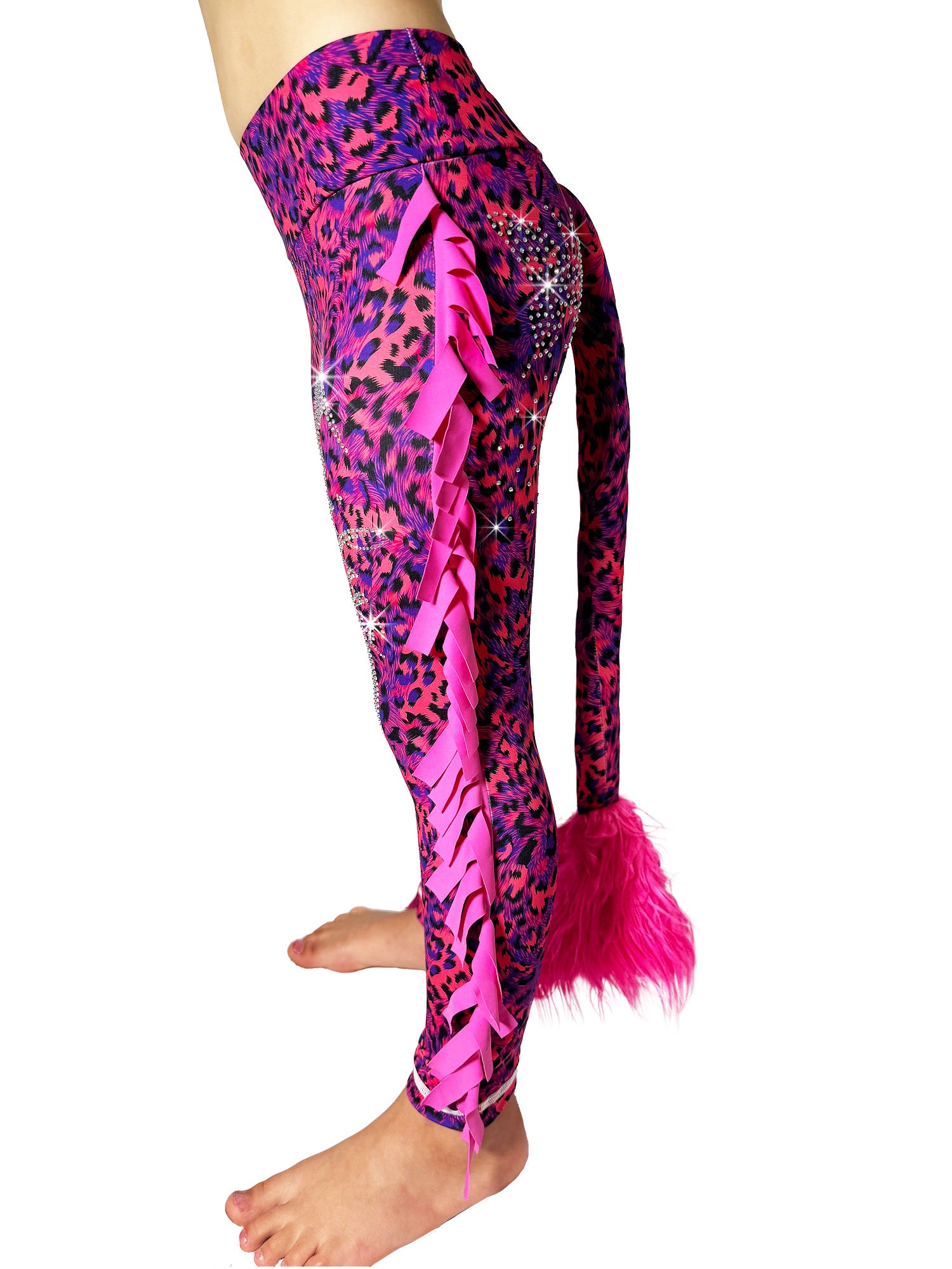 Side view of Red and Blue Leggings Leopard Print Tail Pants with Ruffles and rhinestones for girls by Tailys.
