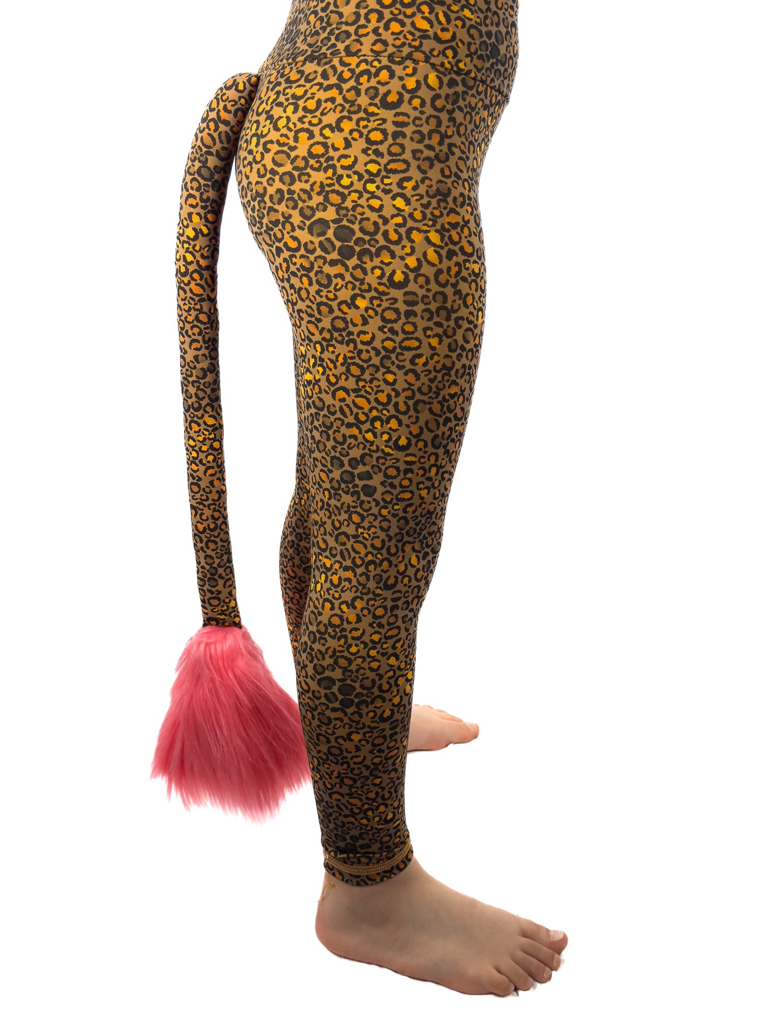 Side view of original brown, cheetah leggings with rhinestones girls tail pants.