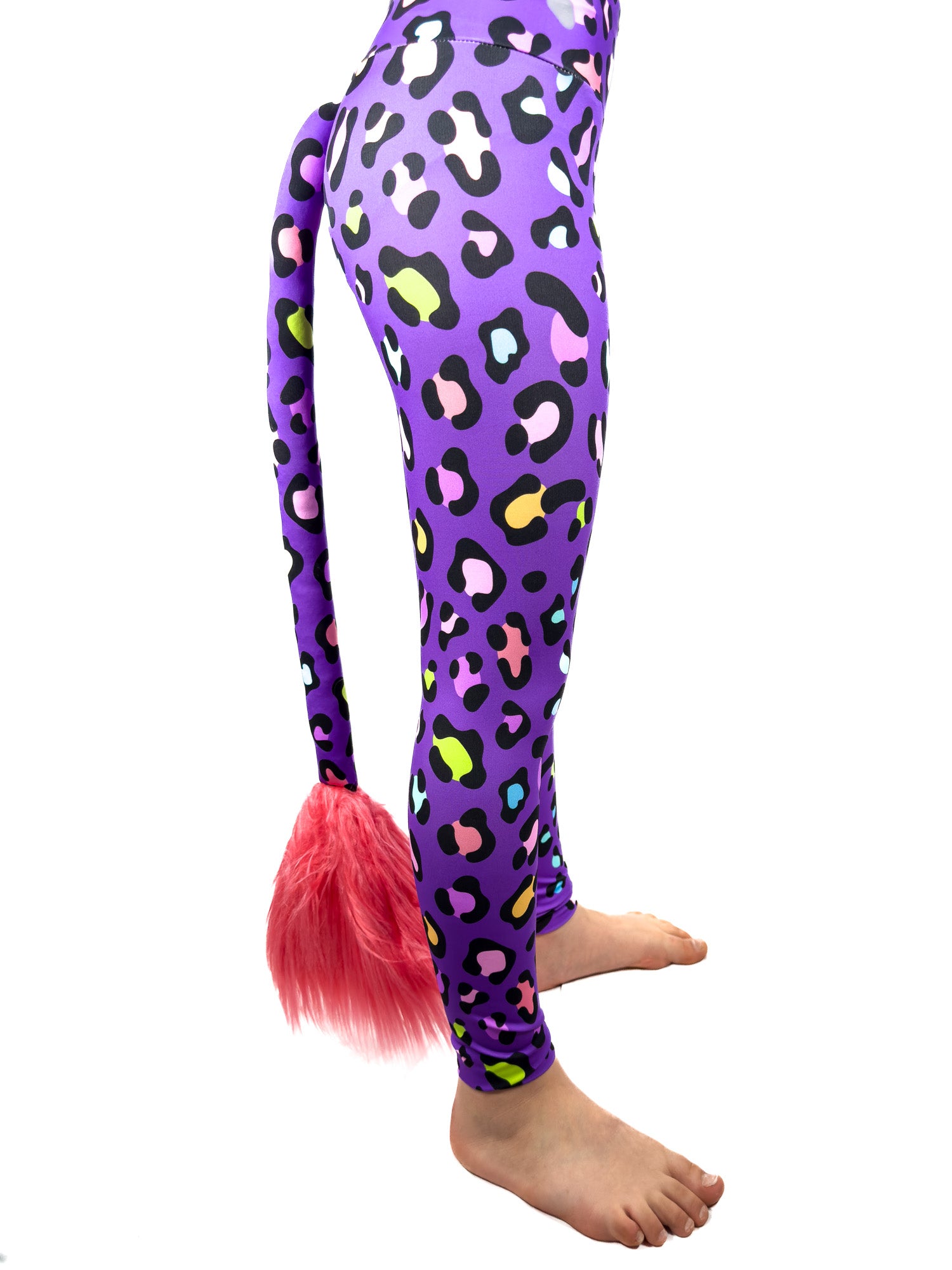 side view Original Purple Cheetah Print Girls Athletic Leggings with Tail by Tailys.