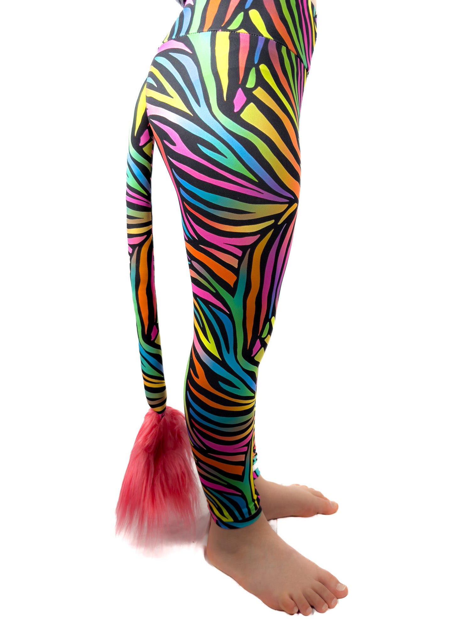Side view of original rainbow zebra leggings with rhinestones girls tail pants.