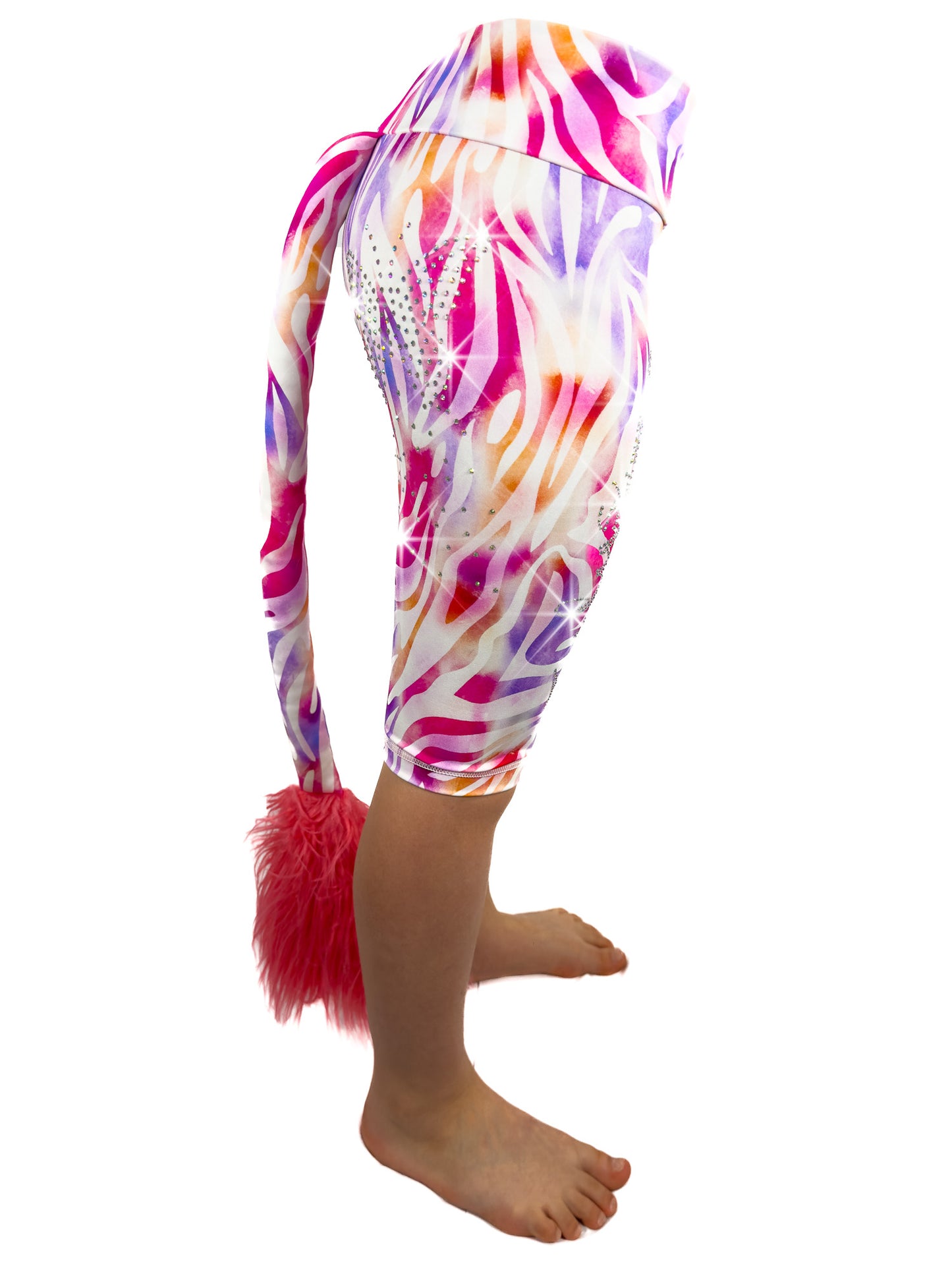 Side view of rhinestone pastel zebra shorts leggings with a tail by Tailys.