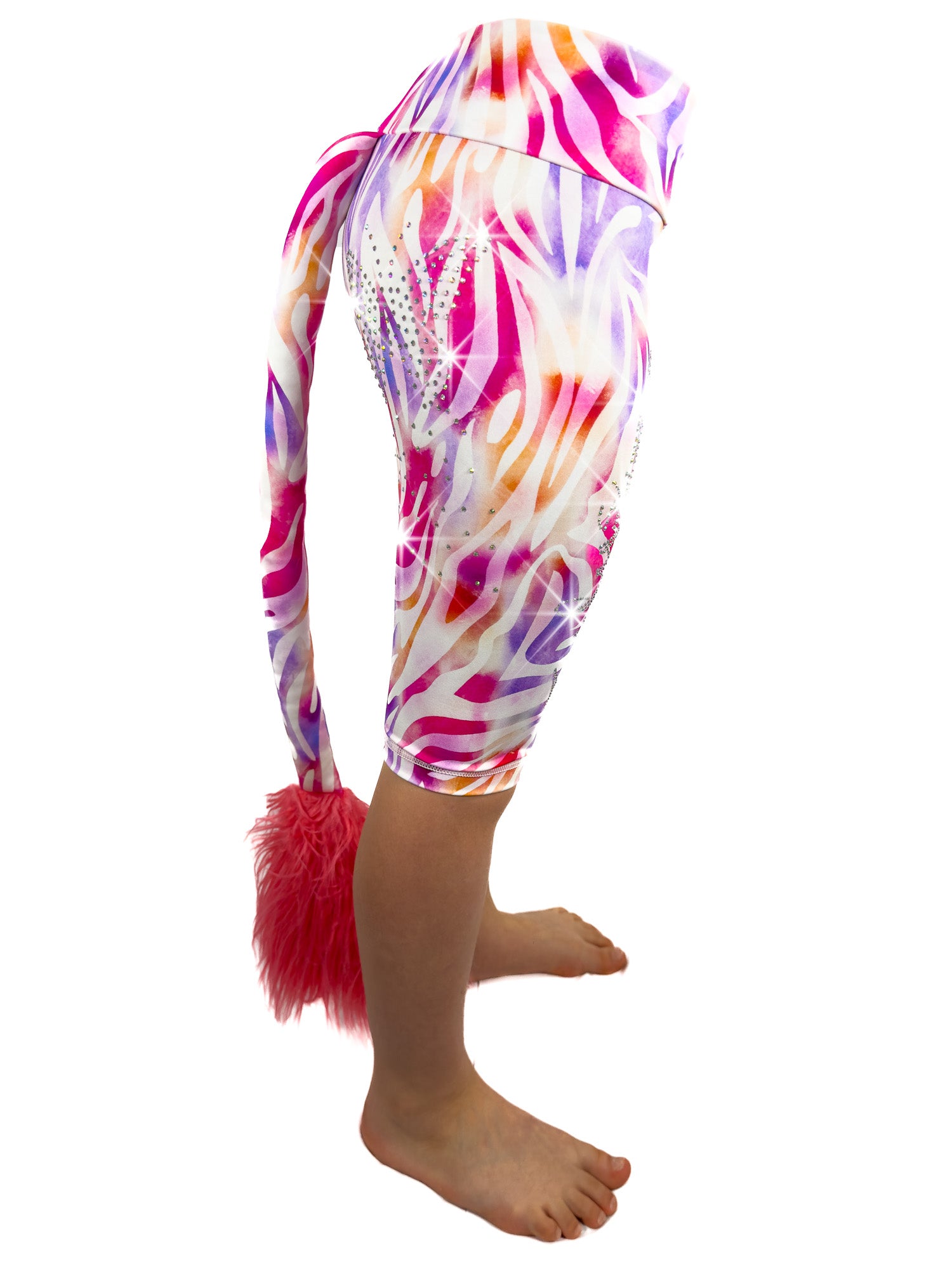 Side view of rhinestone pastel zebra shorts leggings with a tail by Tailys.