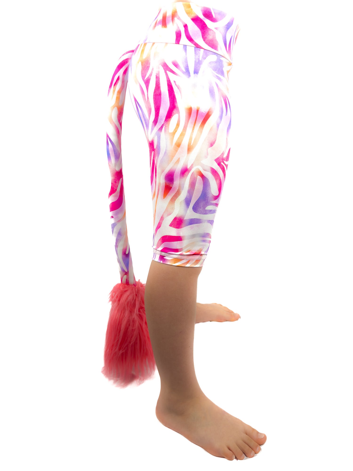 Side view of Tailys, girls shorts, pastel zebra leopard print leggings tail pants.