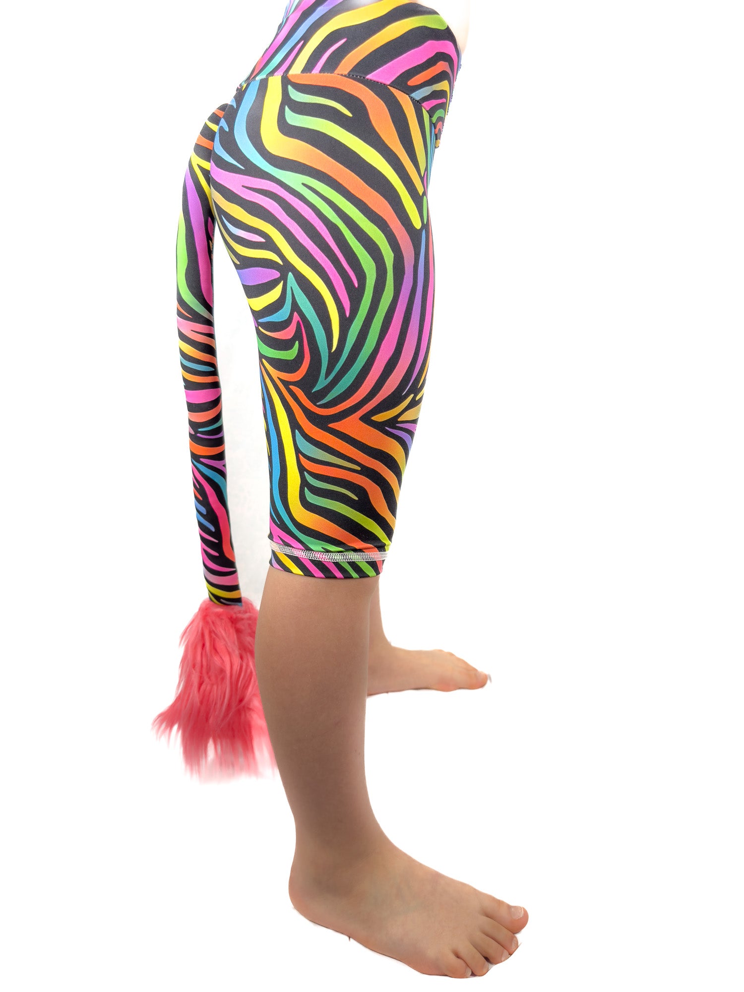 Side view of Tailys kids shorts for girls rainbow zebra leggings tail pants.