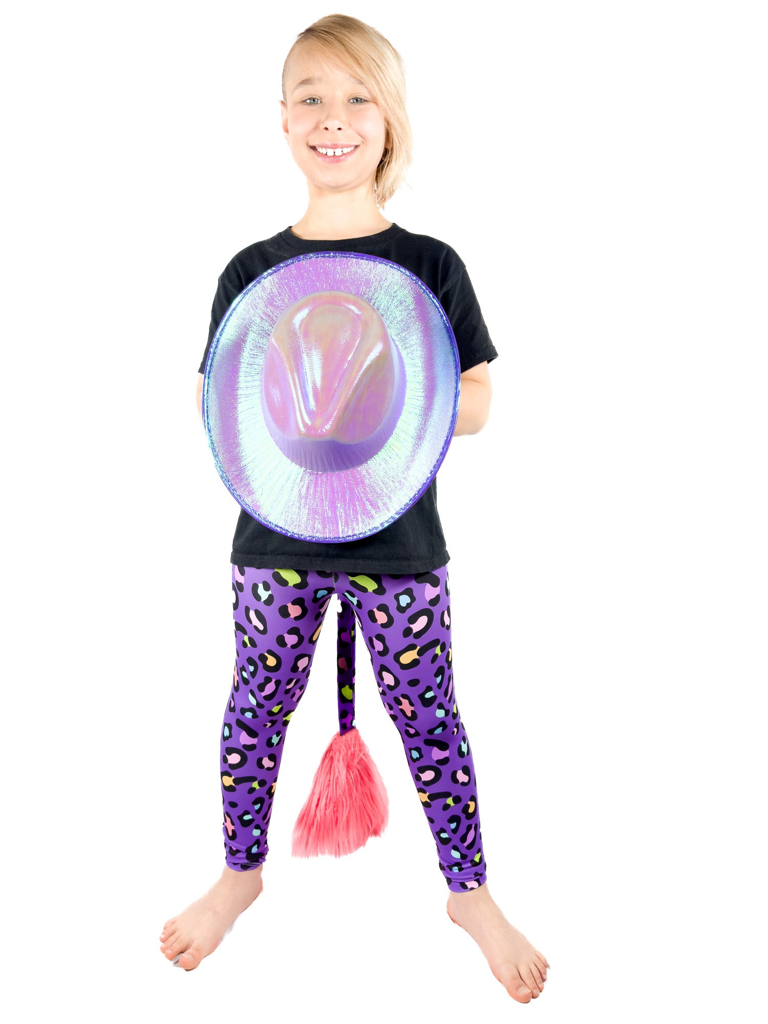 Girl with hat wearing Original Purple Cheetah Print Girls Athletic Leggings with Tail by Tailys.